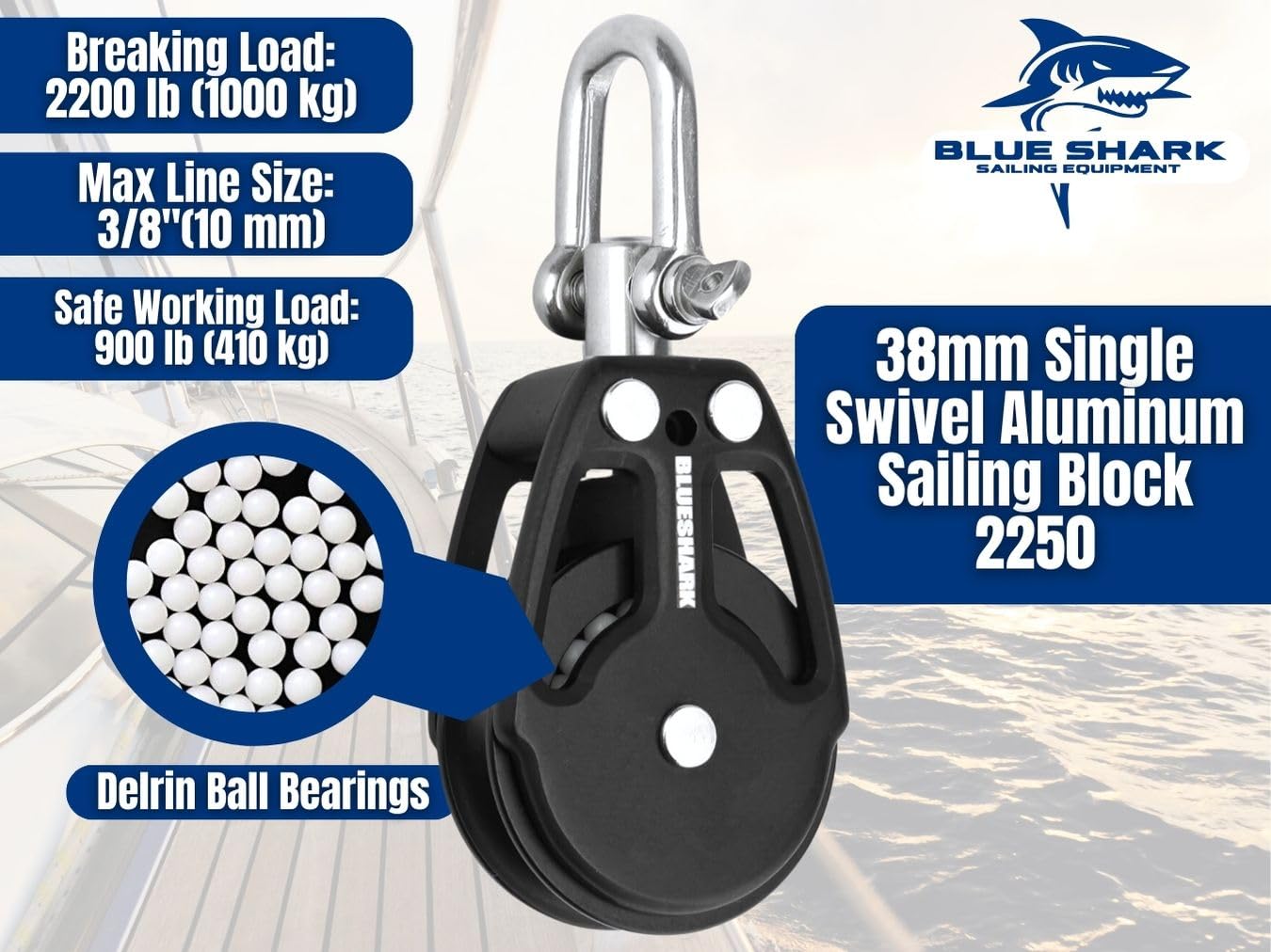 Blue Shark 2250-38mm Single Swivel Block - Max Line: 3/8” (10 mm), Safe Working Load (SWL): 900 lbs, Breaking Load: 2200 lbs (1-Pack)