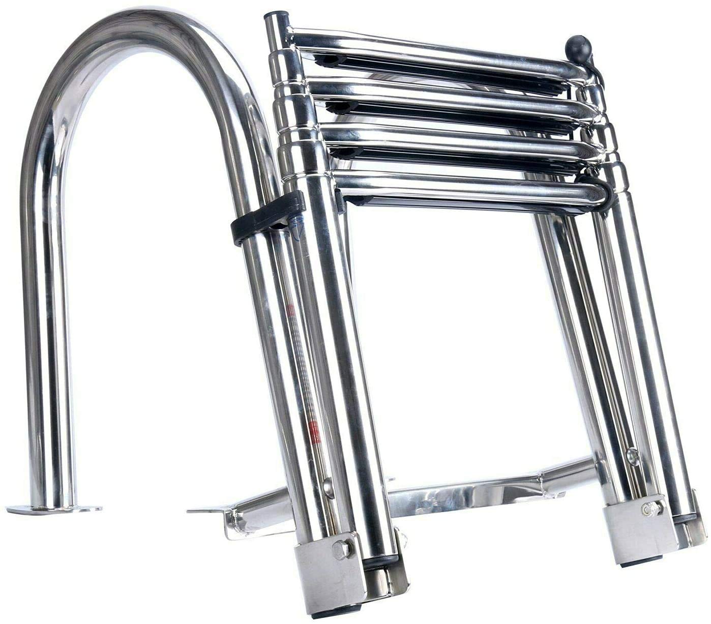 Amarine Made 4 Step Pontoon Boat Ladder Foldable Stainless Steel Marine Rear Entry Telescoping Ladders with Wide Steps Swim Deck Laddes with Pedal Hand Railing,Retaining Strap