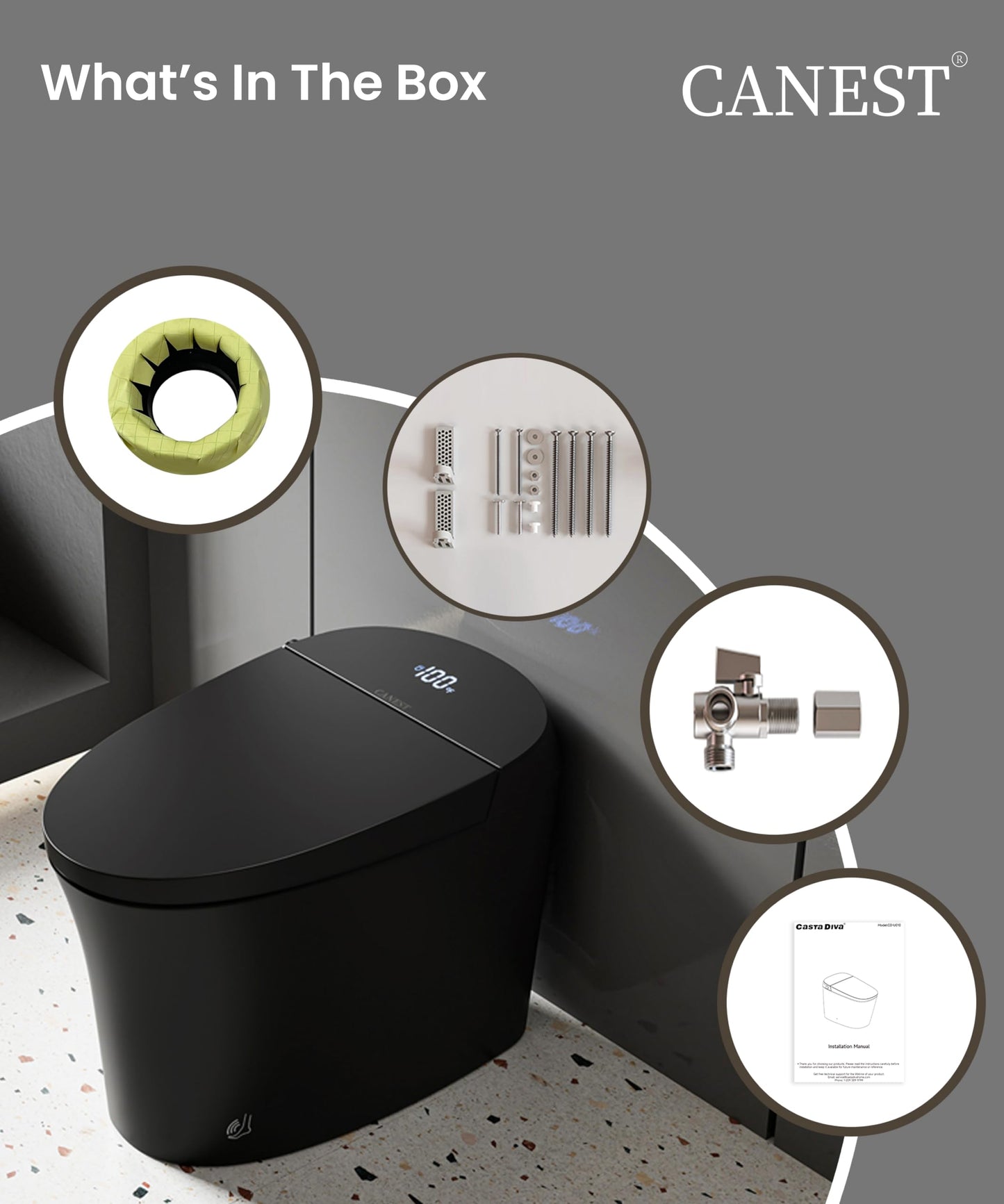 CANEST Black Smart Toilet, Tankless Bidet Toilet with Heated Seat, Foot Sensor Operation, Auto Open & Close, Dual Auto Flush, Warm Water, LED Display, Night Light, Wireless Remote Control (TC-200BG)