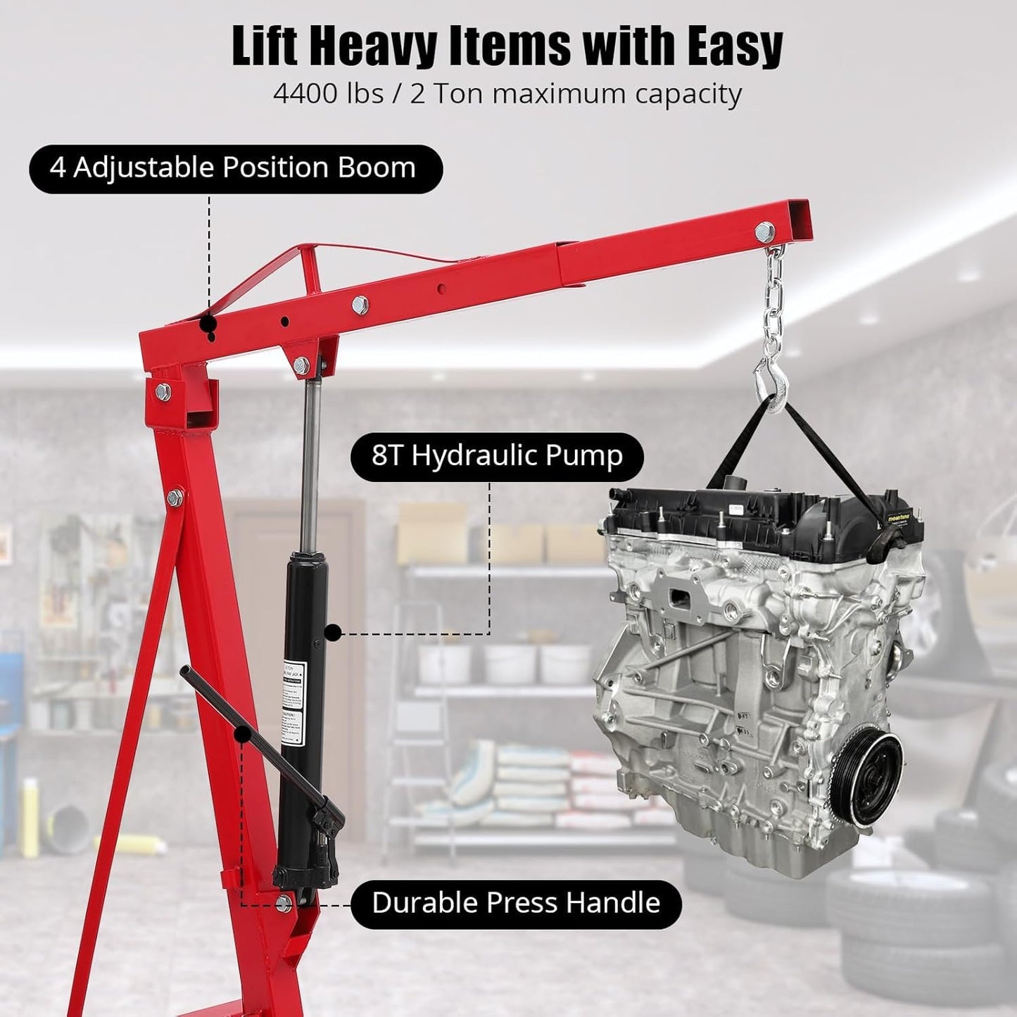 GarveeTech 2-Ton Folding Engine Hoist Cherry Picker 4400 Lb Capacity Hydraulic Shop Crane with Telescoping Boom 6 Caster Wheels for Automotive Repair Garage Use Includes Hitch and Storage Stand Red