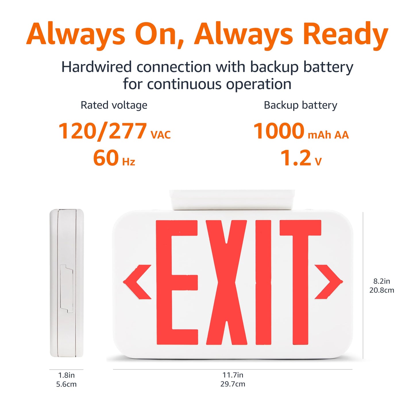 Amazon Basics LED Emergency Exit Sign, Double Face, Fire Resistant, UL Certified, Hardwired with Battery Backup, White, 2-Pack