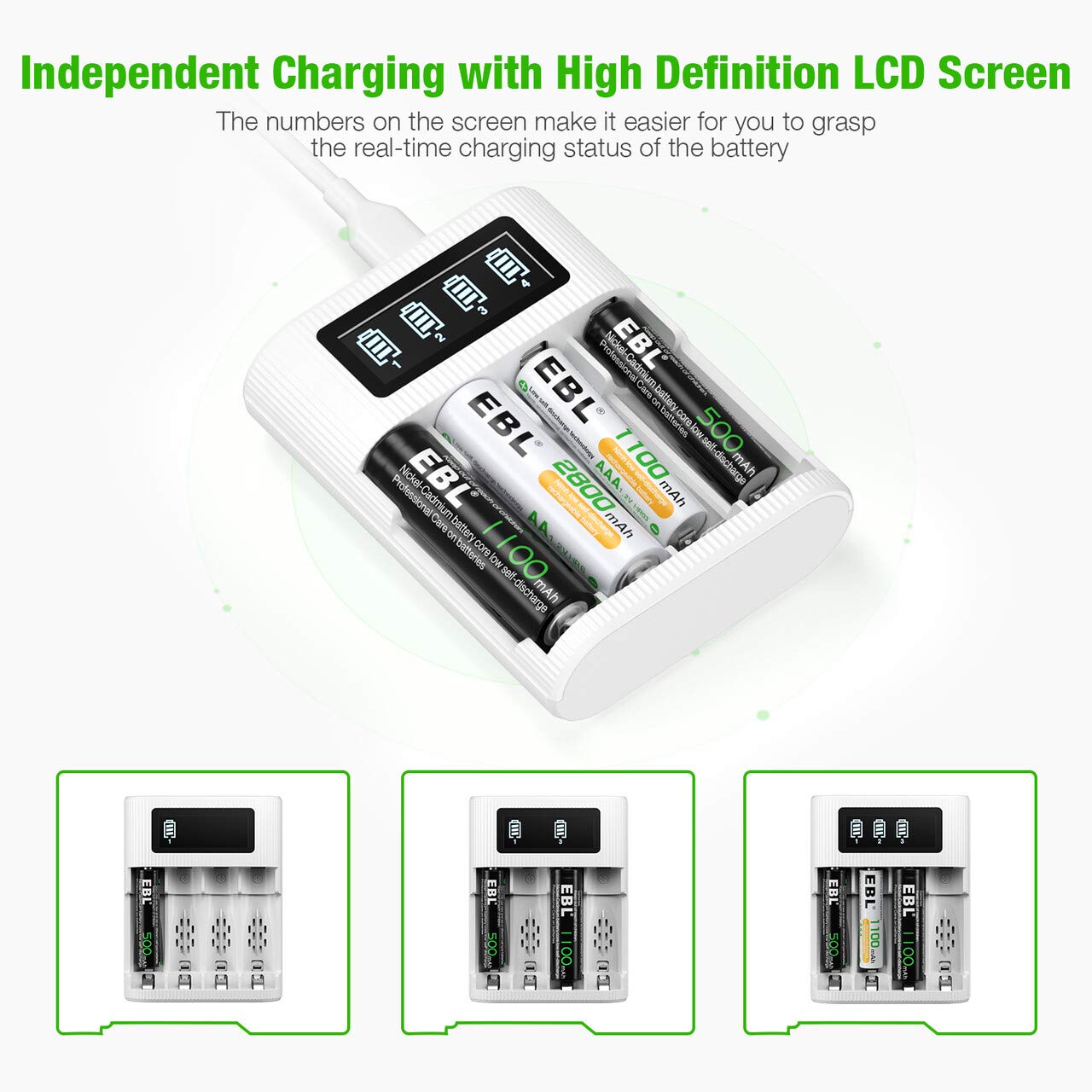 EBL 4 2 LCD Battery Charger AA AAA Rechargeable Battery Charger - Bay Smart LCD Charger with USB Input Port for Ni-CD