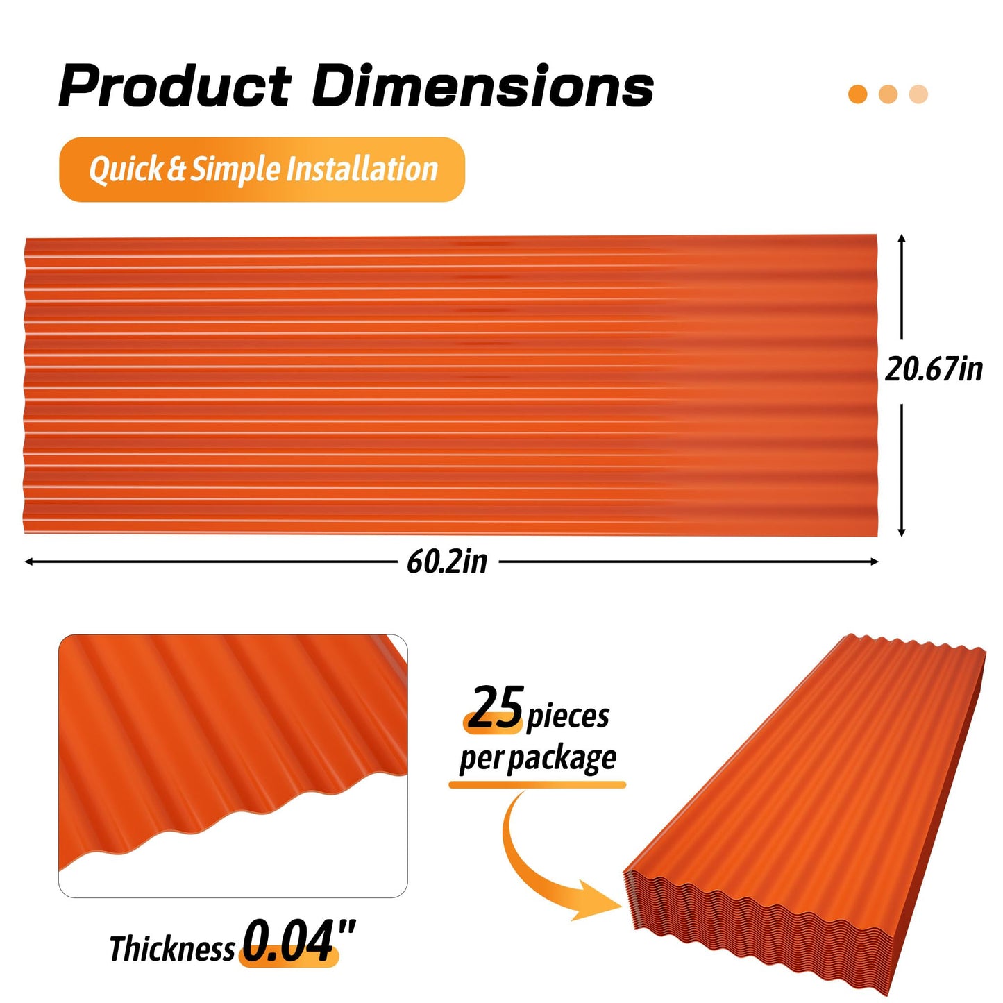 Jaxilyn Placstic Roof Panels 25 pcs L60.2×W20.67 inch, Placstic Corrugated Roofing Panels Gazebo Top Cover Waterproof Sunproof for Patio Outdoor Garden (Orange)