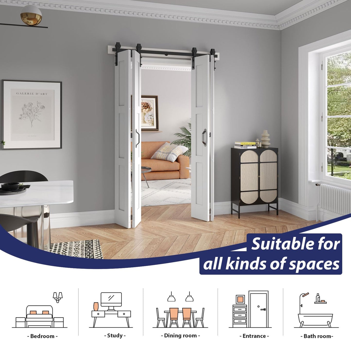 FREDBECK 48in X 84in (for 4 Doors 12x84) White Bi fold Barn Door Bifold Doors with 52" Hardware Track Kit Included,Solid MDF with Water-Proof PVC Surface for Closet,Assembly Required