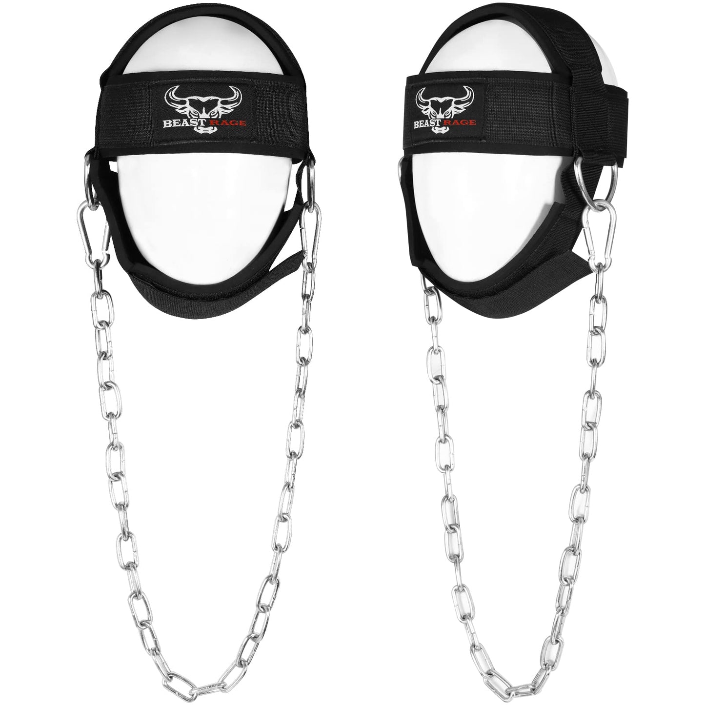BEAST RAGE Neck Harness for Men, Long Steel Chain 30 inches Weightlifting Head Trainer Adjustable Strap Workout Muscle Strengthener Gym Training Ladies Chin Weight Training Padded Support (Black)