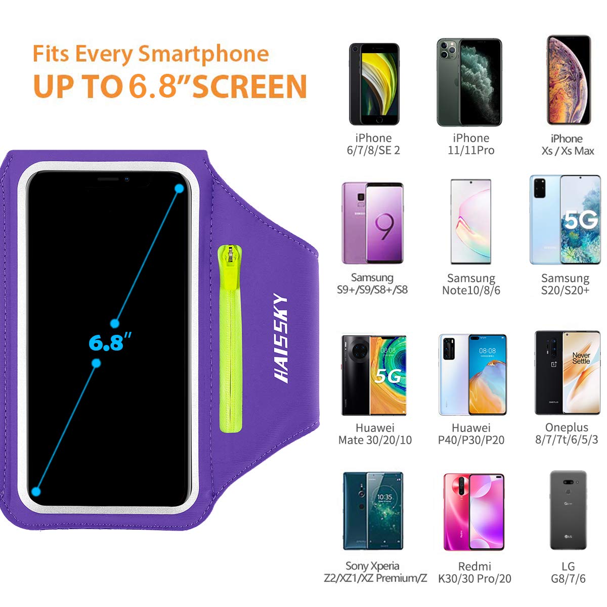 Running Armband with Earphone Bag Cell Phone Armband for iPhone 17 16 15 Pro 14 Plus 13 11 XR, Galaxy S24/S10 Water Resistant Sports Phone Holder Case & Zipper Slot Car Key Holder for 6.7 inch Phone