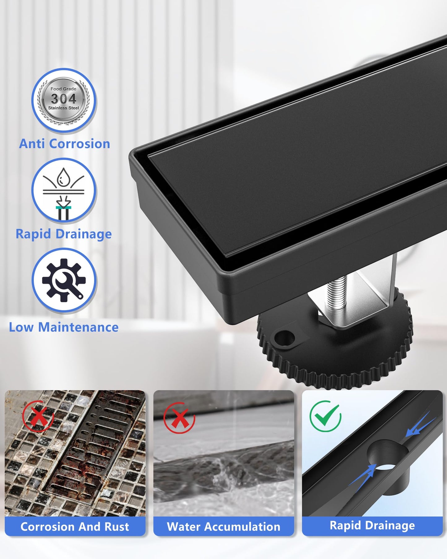 YEFU Black Linear Shower Drain for Bathroom: 42 Inch Shower Drain with Tile Insert Grate - 304 Stainless Steel Rectangle Linear Drain - 2-in-1 Matte Black Shower Floor Drain