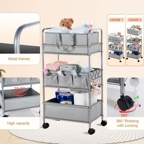 Honeydak 2in1 Baby Diaper Caddy Organizer Cart 3 Tier Large Capacity Metal Utility Bedside Rolling Cart with Divider Newborn Registry Nursery Essential Must Have Crib Bedroom Baby Shower(Gray)