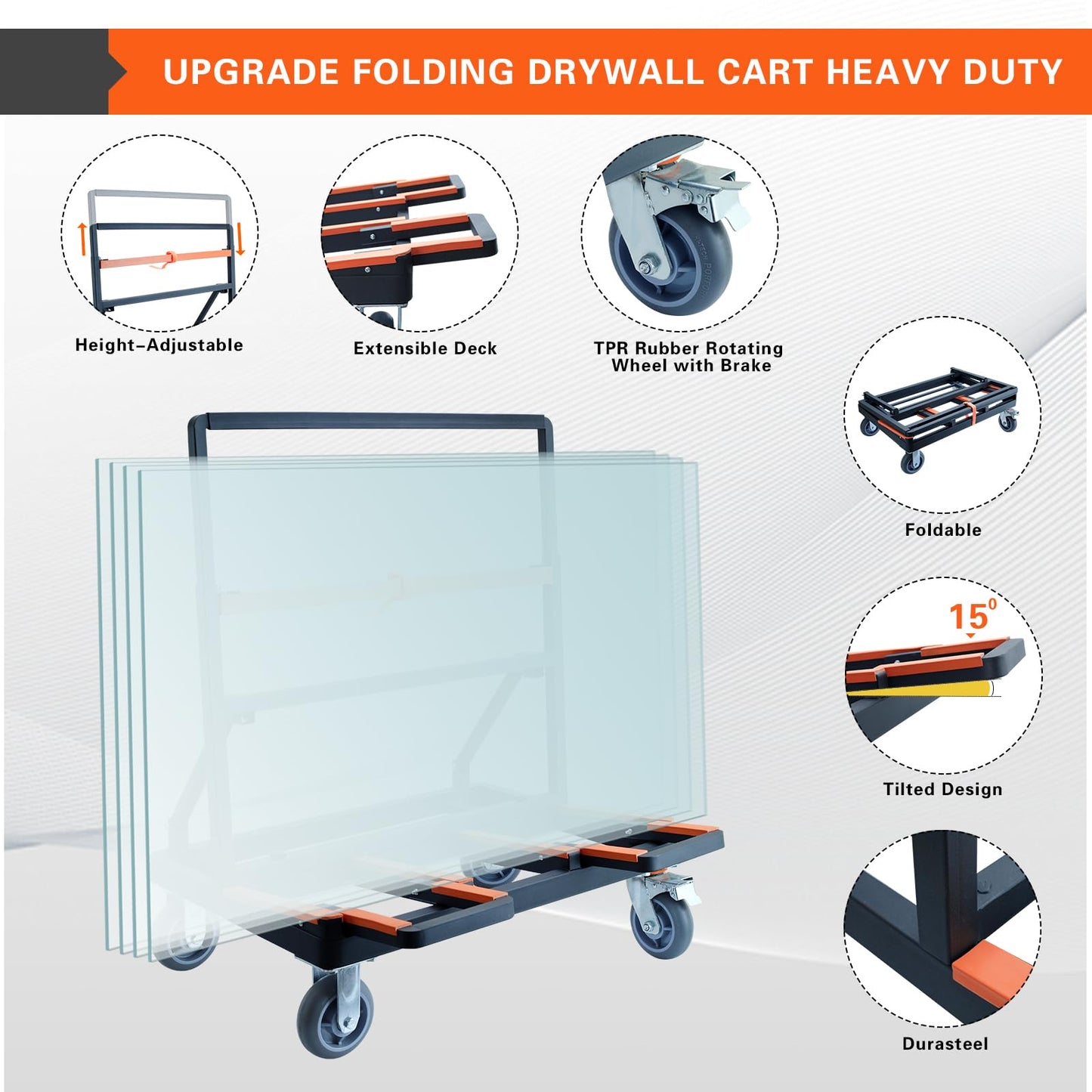 Shunwsw Upgrade Folding Drywall Cart Heavy Duty,2200 LBS Load Capacity Drywall Dolly,Portable Panel Cart for Moving Glass Panel Sheetrock Plywood Lumber (Orange)
