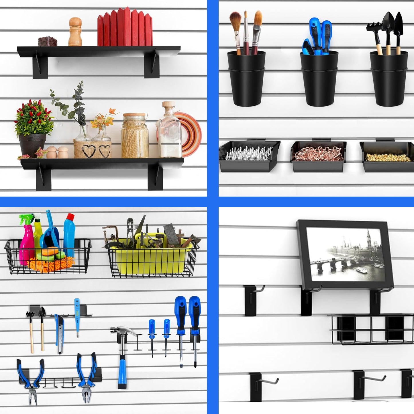 BeapTcely 43 Pc Slatwall Organizer Kit with Hooks, Shelves, Baskets, Bins, Cups, Screwdriver Holder for Tool Organization (Black)
