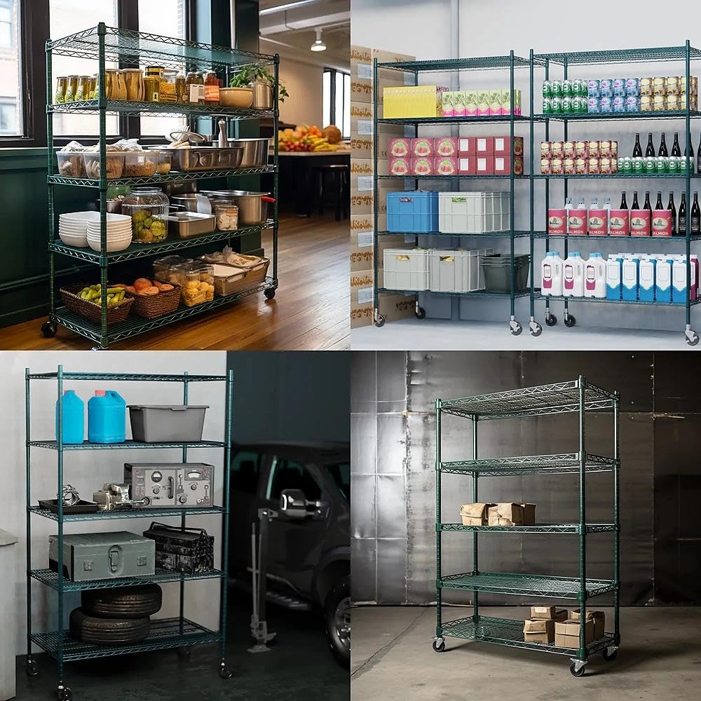 APLSS NSF 4-Tier Green-Epoxy Storage Shelves, 18"x60"x63", Moist&Dry Environments, Commercial Heavy Duty Steel Wire Shelving Unit with Wheels, Walk-in Cooler&Freezer Dishroom Kitchen