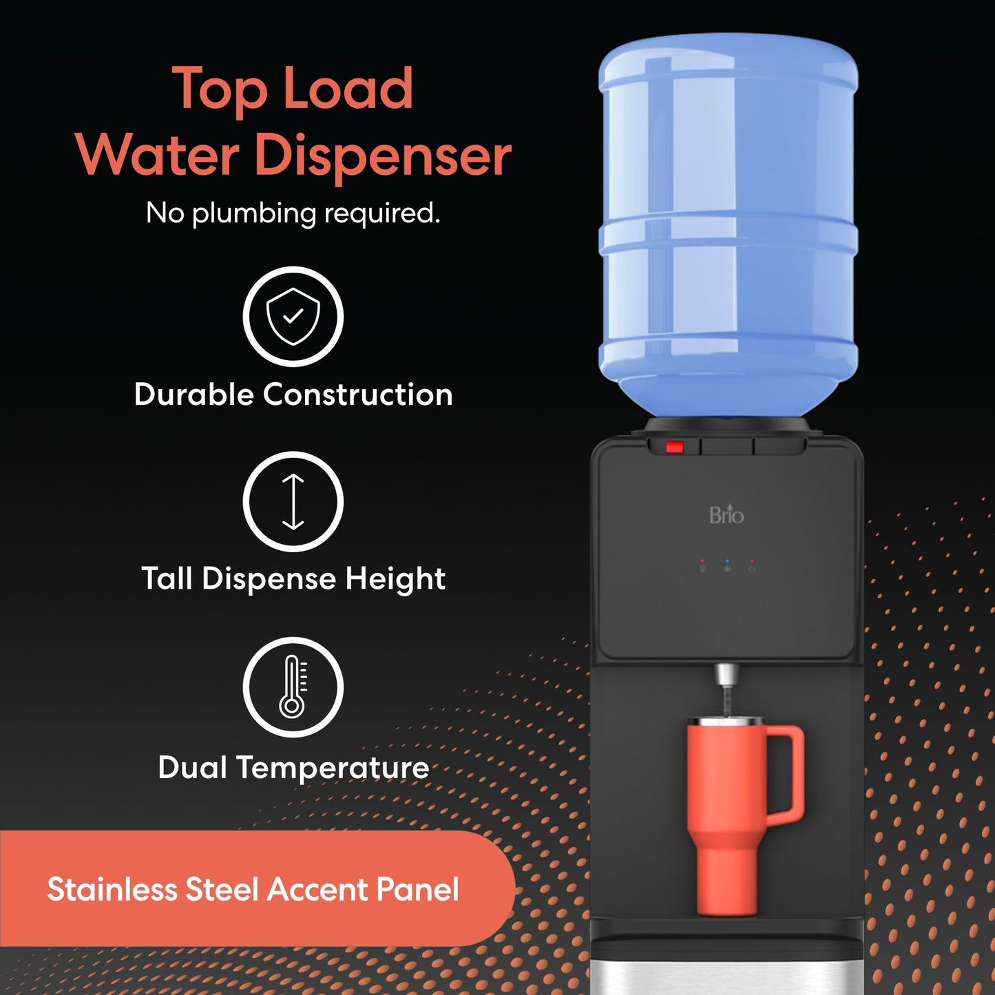 Brio 130 Series Top-Load Water Cooler Dispenser for 3- and 5-Gallon Bottles, Hot & Cold, Spill-Free Loading, Child Safety Lock, Energy Star 3.0, Black & Stainless