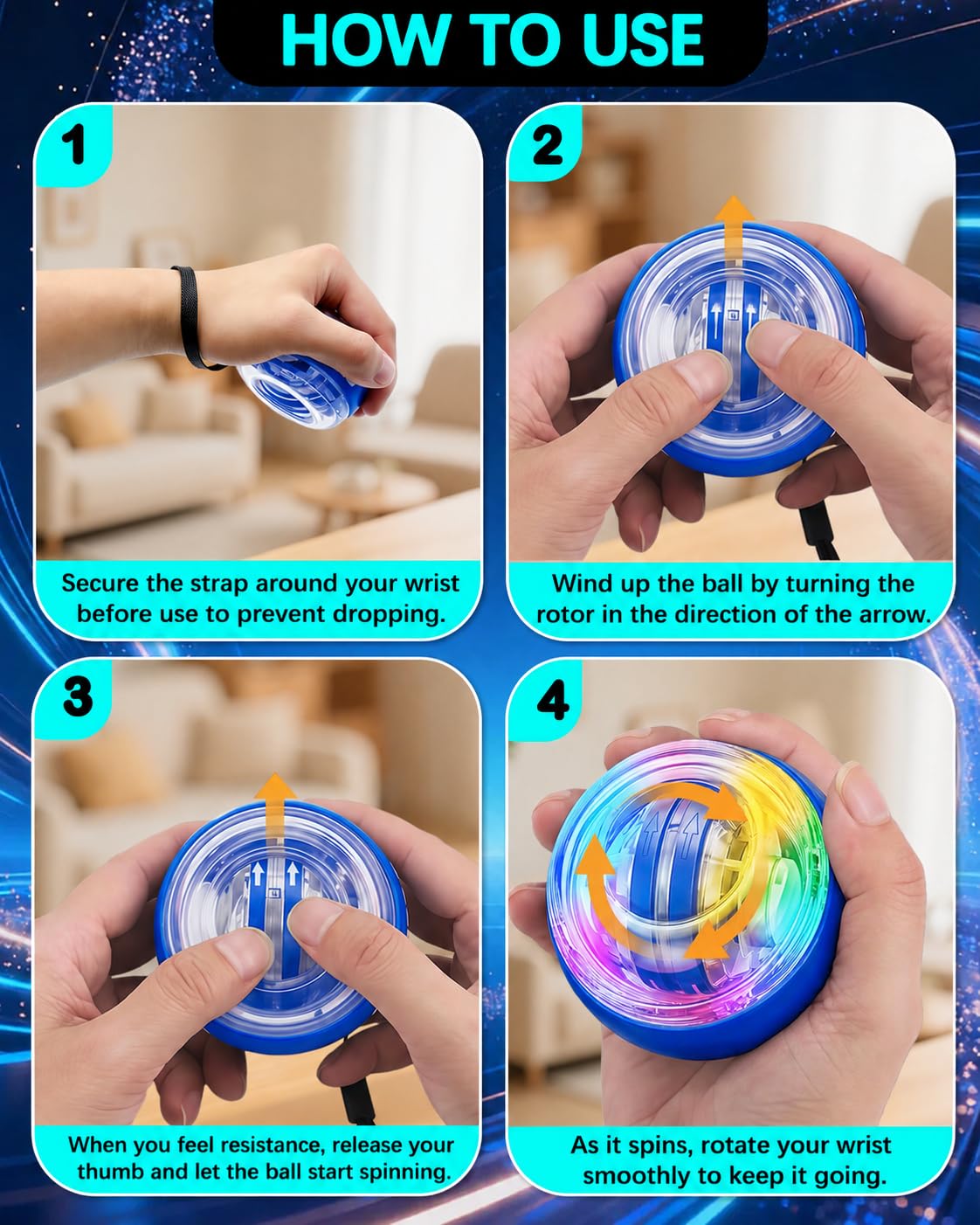 Torque Ball, Wrist Trainer Ball 2026 Upgraded, Auto-Start Gyro Ball, Wrist & Forearm Strengthener with LED Light, Smooth Silent Rotation, Portable Trainer for Fitness, Grip Strength Training-blue