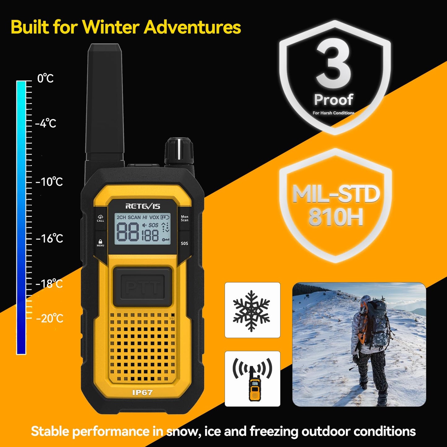 Retevis RB48 FRS Walkie Talkies Long Range, Rugged & IP67 Waterproof & Floating, Mil-Standards 810H Two Way Radio, Heavy-Duty, NOAA, Rechargeable, 20hr Battery, Emergency Radio(2 Pack)