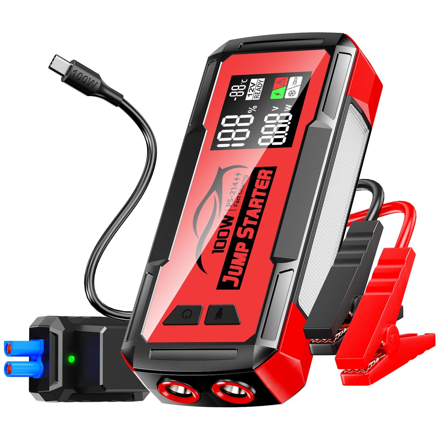 Jump Starter with Built-in Cable 16000A&59.2Wh, Portable Power Bank for 100W Dual-Way Fast Charging,12V SuperSafe Lithium Jump Box, Battery Booster Pack Up to (All Gas/14L Diesel)