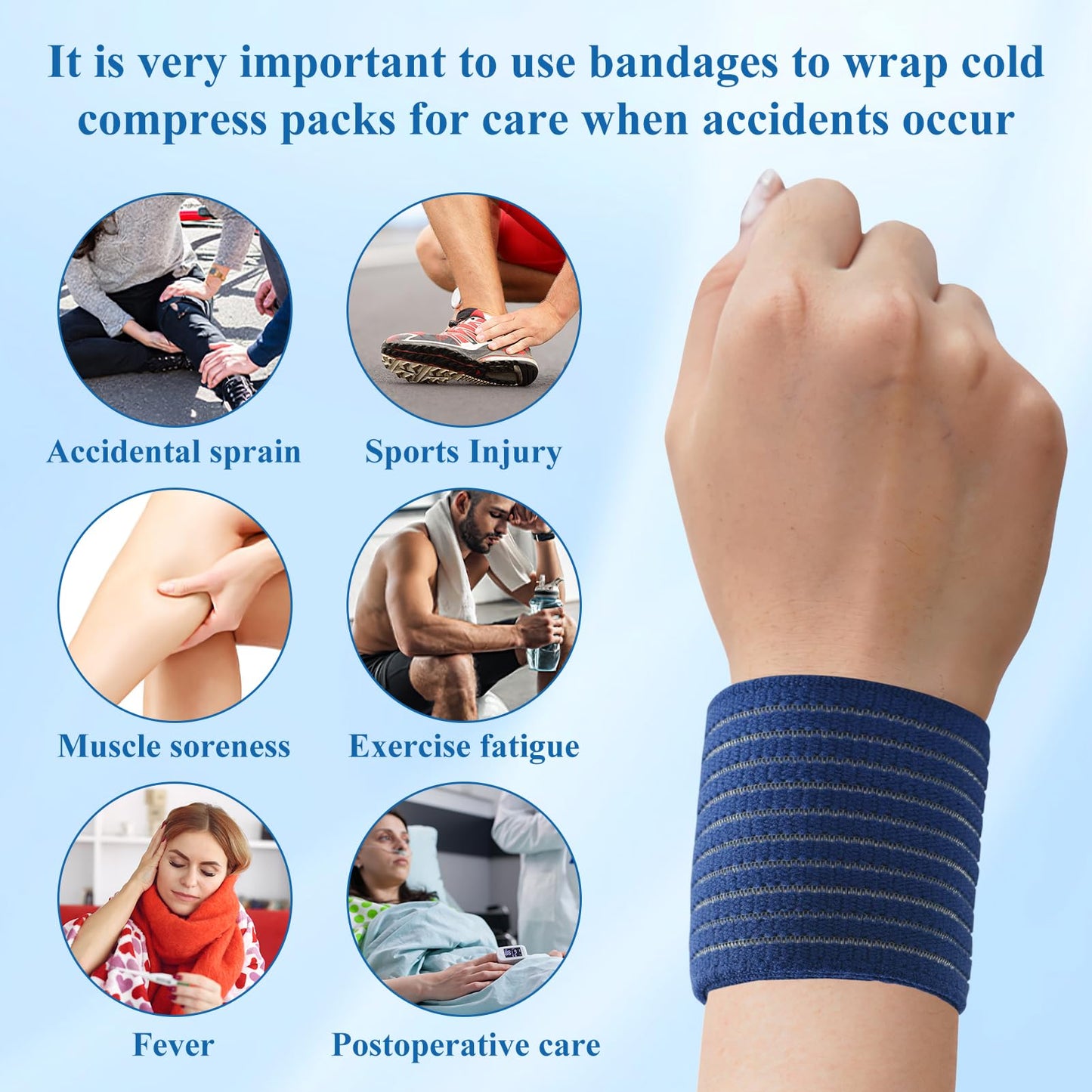4-Pack Ice Pack Straps, Reusable & Stretchable – 35.5"x3" Adjustable Elastic Wrap with Hook and Loop Closure, Secure Ice Pack Holder for Cold Therapy (Blue)