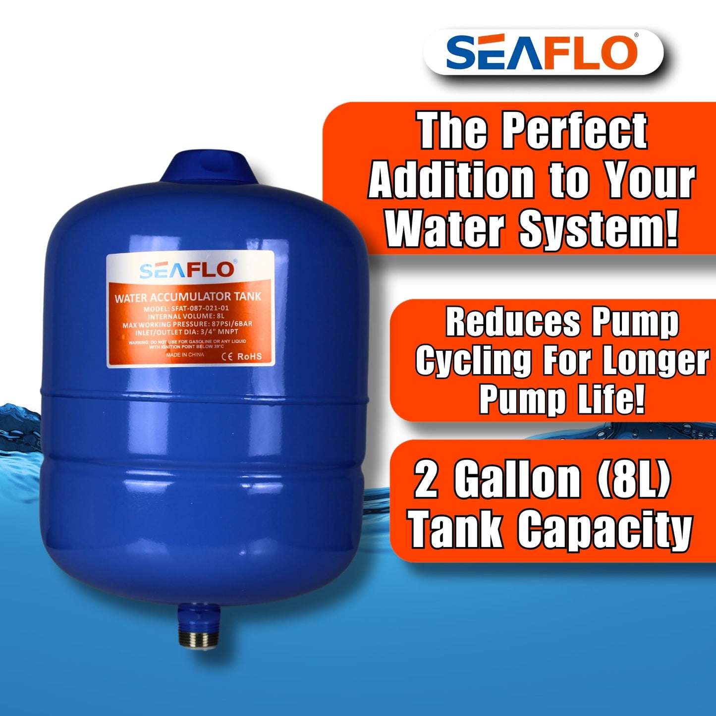 SEAFLO 2 Gallon Pre-Pressurized Accumulator Expansion Tank – Reduces Pump Cycling, Smooth Water Flow, 87 PSI, 3/4" MNPT, Compact Design for RV, Marine, Boat & Off-Grid Systems – 4-Year Warranty