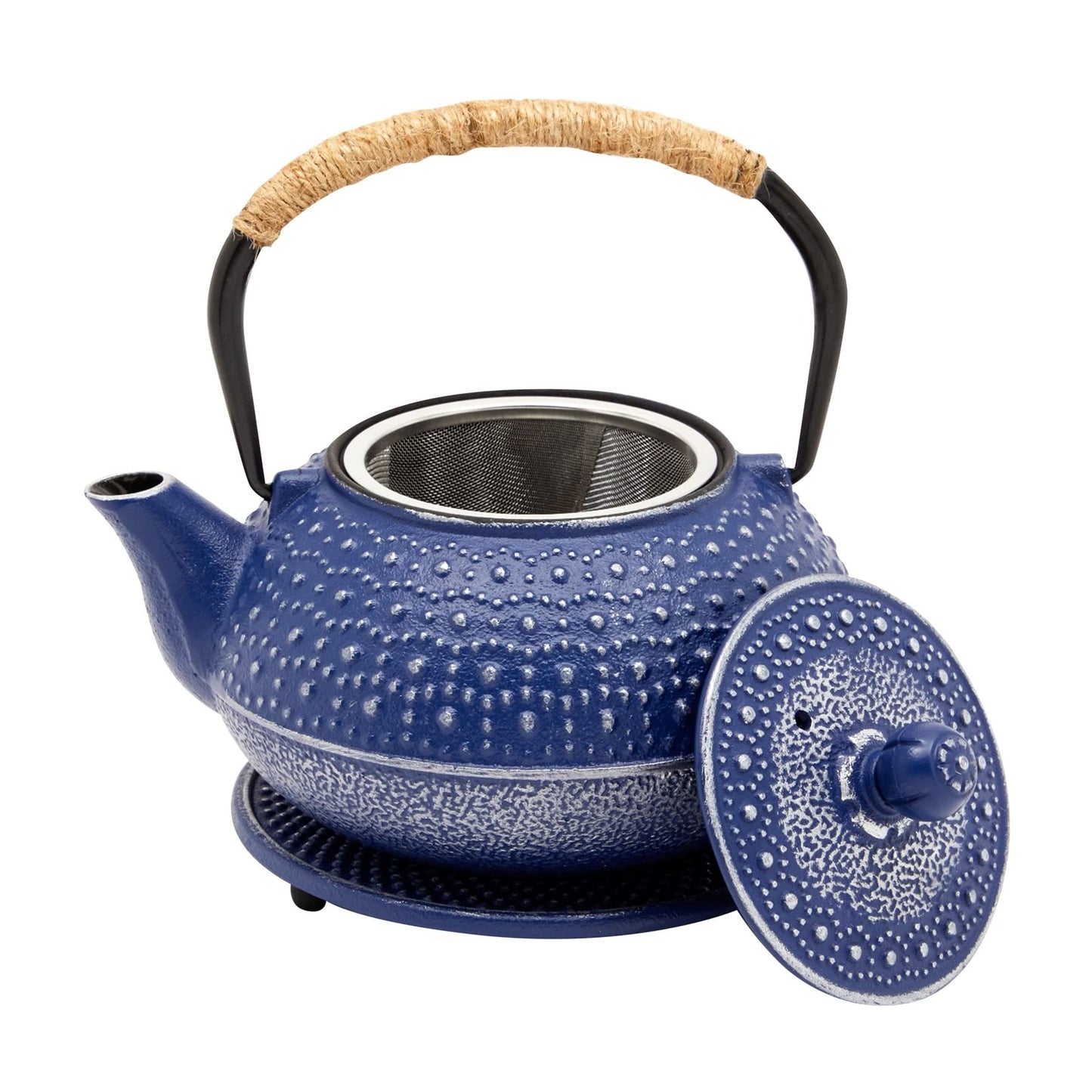 Juvale Cast Iron Teapot with Infuser - Blue, 27 oz (800 mL) - Stovetop Tea Kettle for Loose Leaf Tea - Includes Stainless Steel Infuser & Trivet