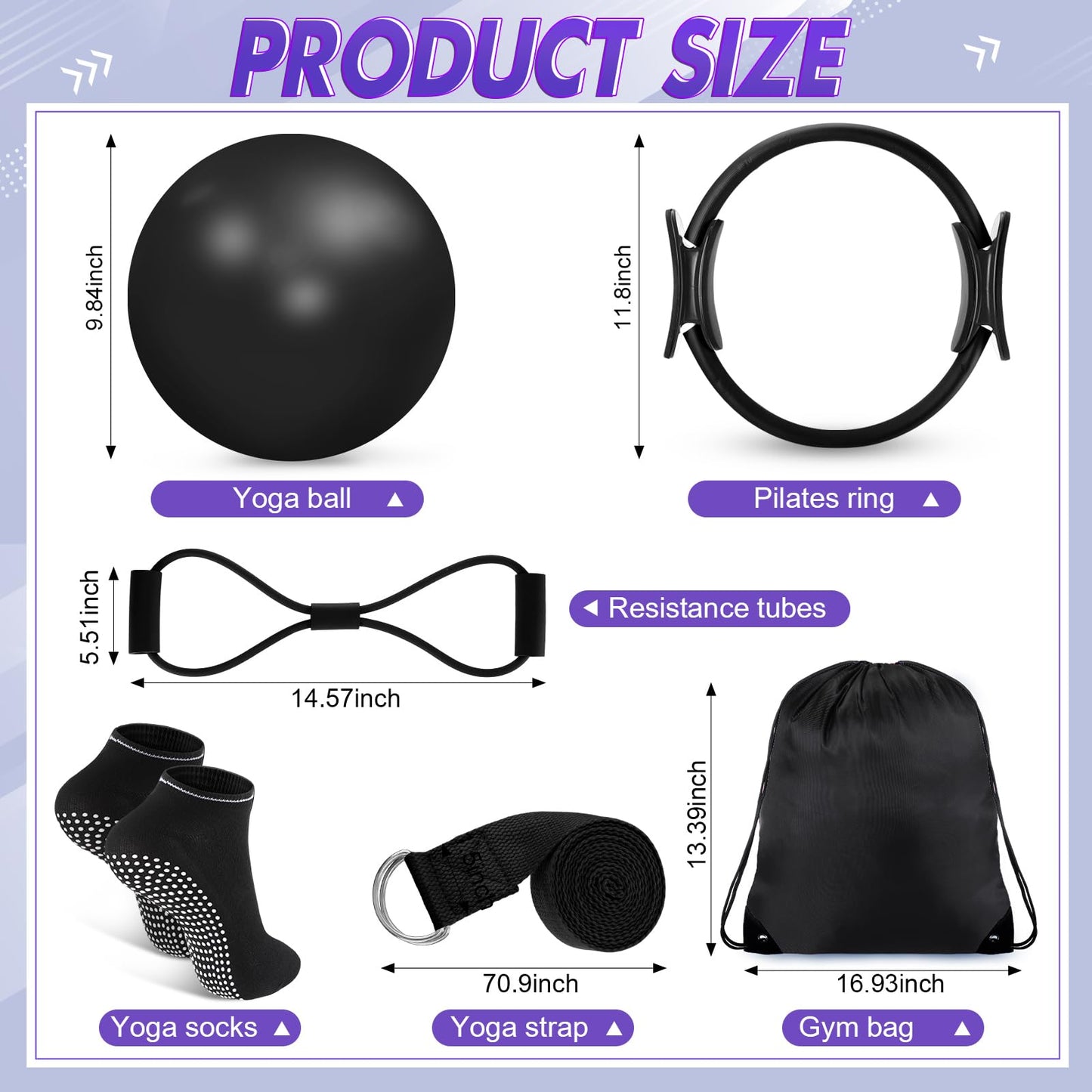 Poen 18 Pcs Home Pilates Ball and Ring Circle Set Yoga Fitness Essentials Kit with 5 Resistance Band Stretching Strap Non Slip Sock Ball Core Slider Wristband Headband Gym Bag for Women, Black