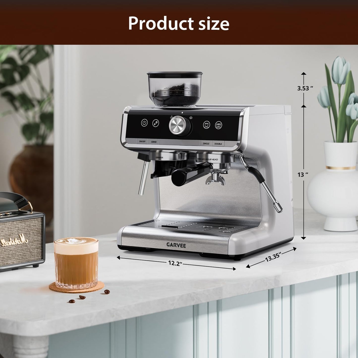 Garvee Espresso Machine, Espresso Machine with Grinder, Brushed Stainless Steel, Espresso Coffee Maker with Milk Frother for Home Barista Commercial Use（White Silver）