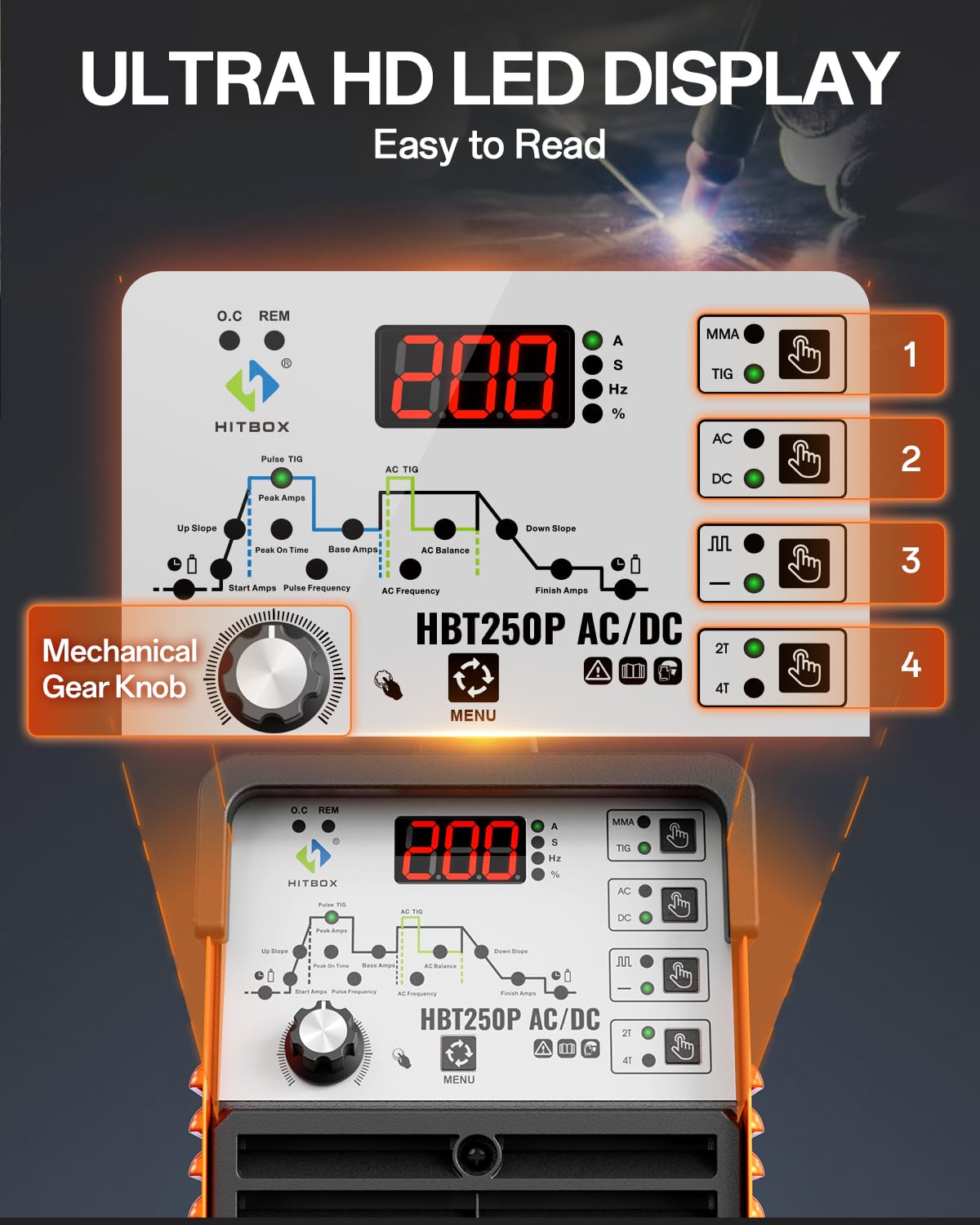HITBOX 200A AC/DC TIG Welder 6-in-1 with Pulse & Square Wave, HF Start Aluminum TIG, MMA/Stick Welding, 220V IGBT Inverter, Dual Cooling Fan, Digital Display, Foot Pedal Compatible (HBT250P)