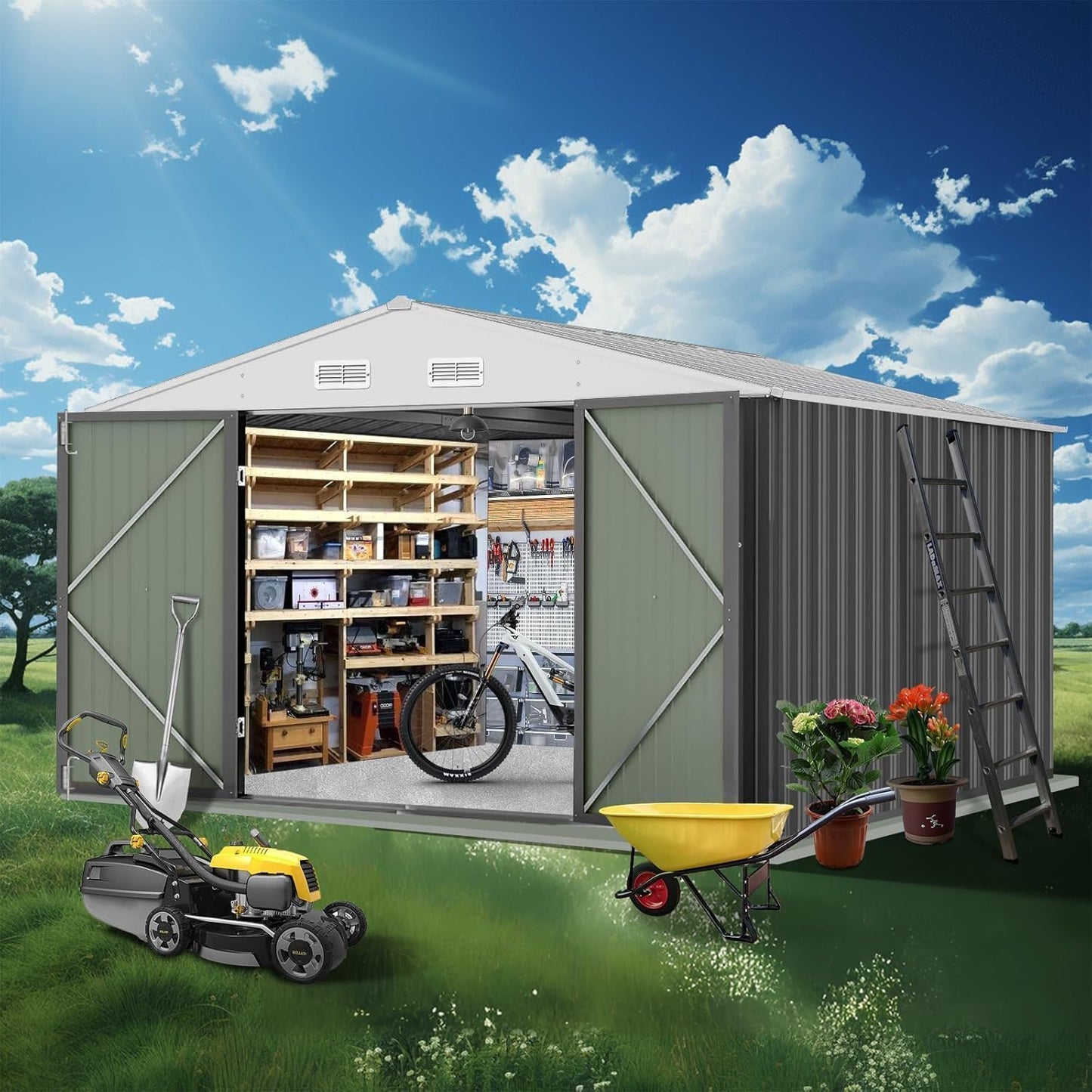 12X10FT Metal Outdoor Storage Shed, Galvanized Steel Garden Tool Shed with with Lockable Door & Vents,Waterproof All-Weather Utility Tool Shed for Lawn Mower, Bike