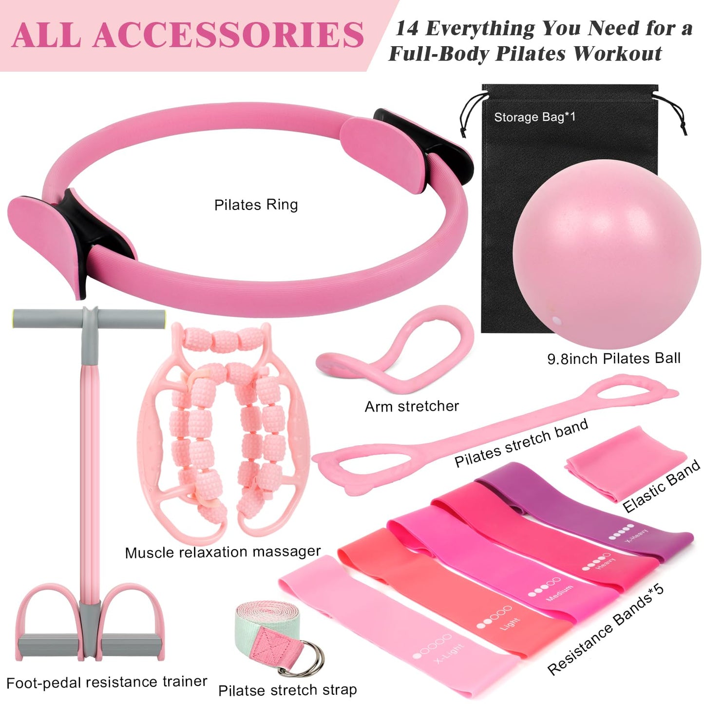 WYDHven Home Pilates Essentials Kit for Women – Complete 14-in-1 Pilates Equipment Ring and Ball Set with 5 TPE Resistance Bands, 8-Shaped Pull Band, Stretch Strap and Waterproof Bag
