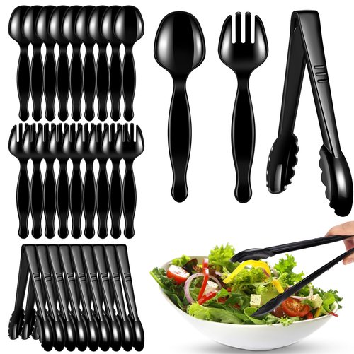 ALEXPRE 30 Pcs Disposable Black Plastic Serving Utensils,10 Set Including 9" Plastic Serving Spoons, Forks and Tongs for Dinner Parties, Buffets,Banquets, Events, Weddings, and Daily Use