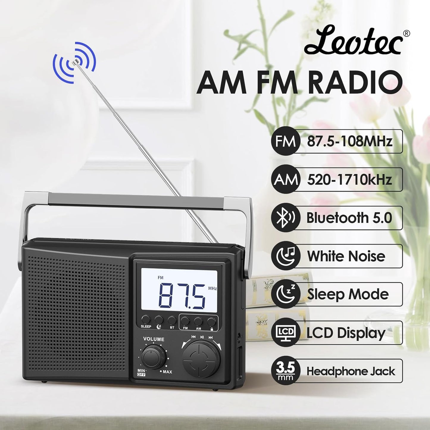 LEOTEC Operated,10 AM FM Radio with Bluetooth,Portable Radio Strong Reception,Plug in Wall,Battery White Noise
