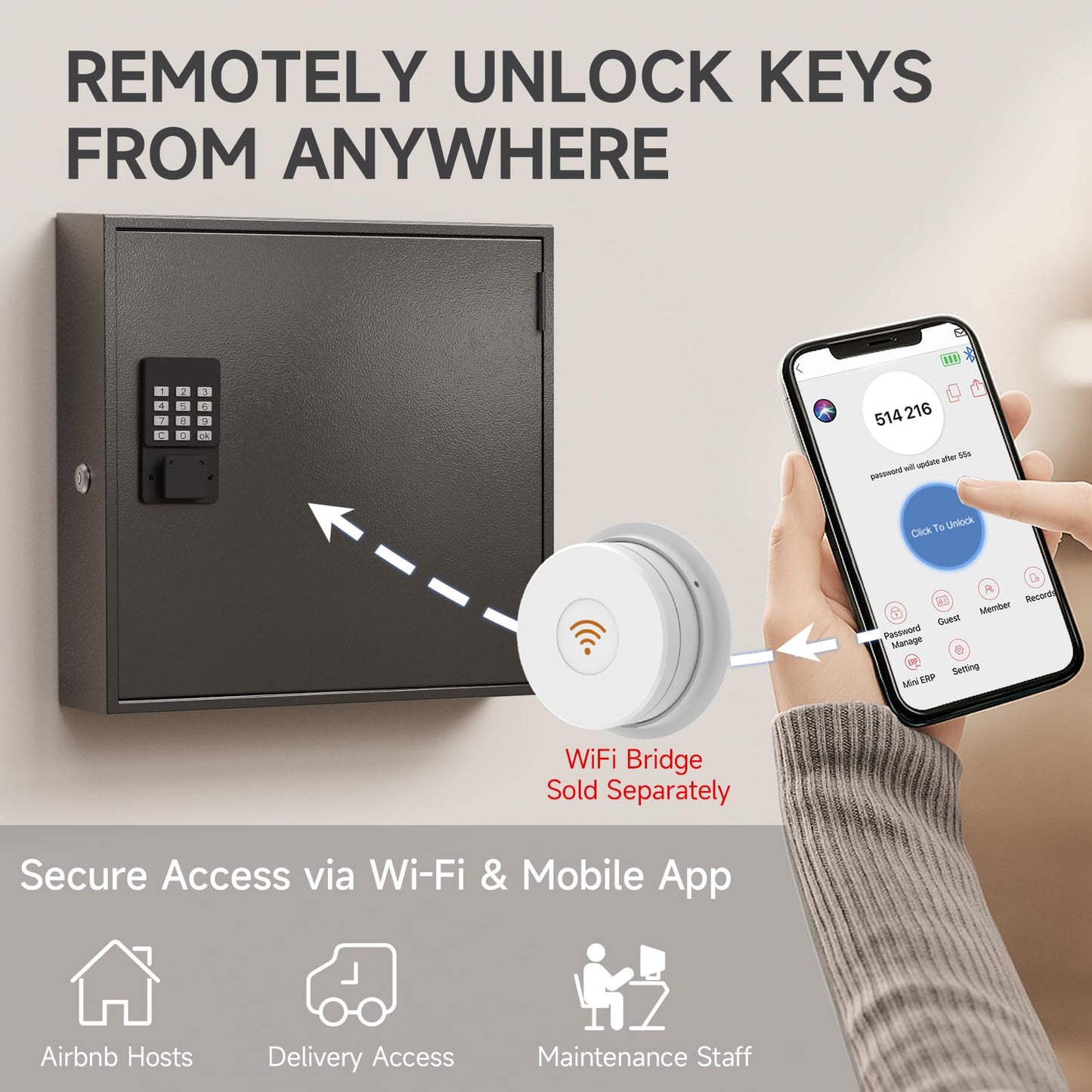 WeHere 120-Key Smart Key Lock Box – Wall Mounted Key Cabinet Organizer with App Access, One-Time Code, Bluetooth & WiFi Unlock (Sold Separately), Key Management System for School, Rental, Office