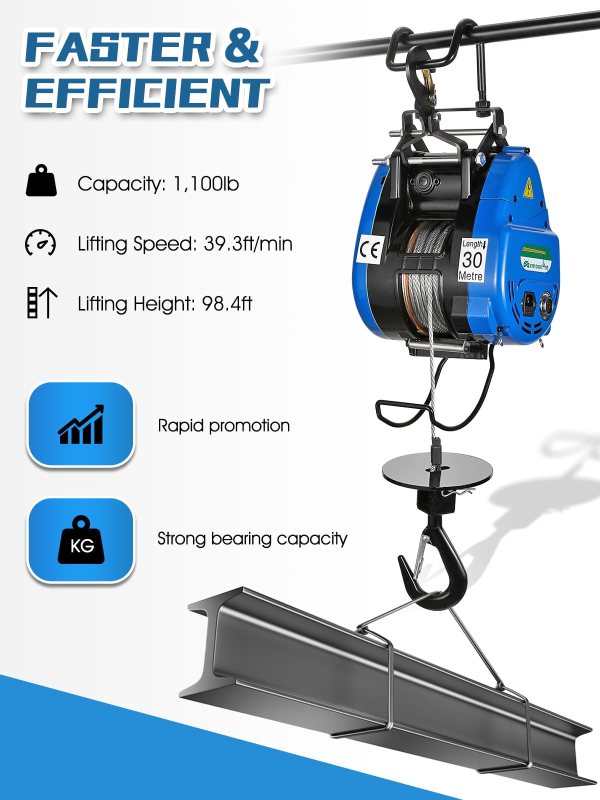 Mxmoonant 1100lb Electric Hoist Lift 12m/min Electric Winch Portable 360° Safety Limit, Al-Alloy Cased Hoist Crane with Updated Copper Motor, Pendant Control & Wireless Control Support (500kg/30m)