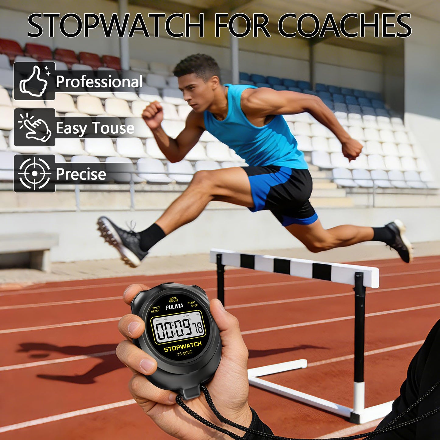 PULIVIA Stopwatch Timer with Countdown, Simple Operation Digital Stop Watch for Sports, Countdown-Alarm Button-Sound, AAA Battery Included (Black)