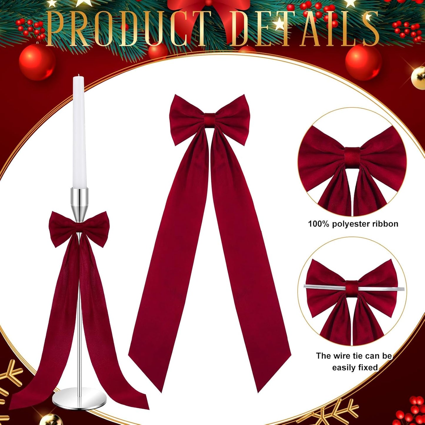 Teenyyou 12 Pcs Red Valentine's Candlestick Bows - 13 Inch Large Self-Adhesive Table Decor for Weddings & Parties