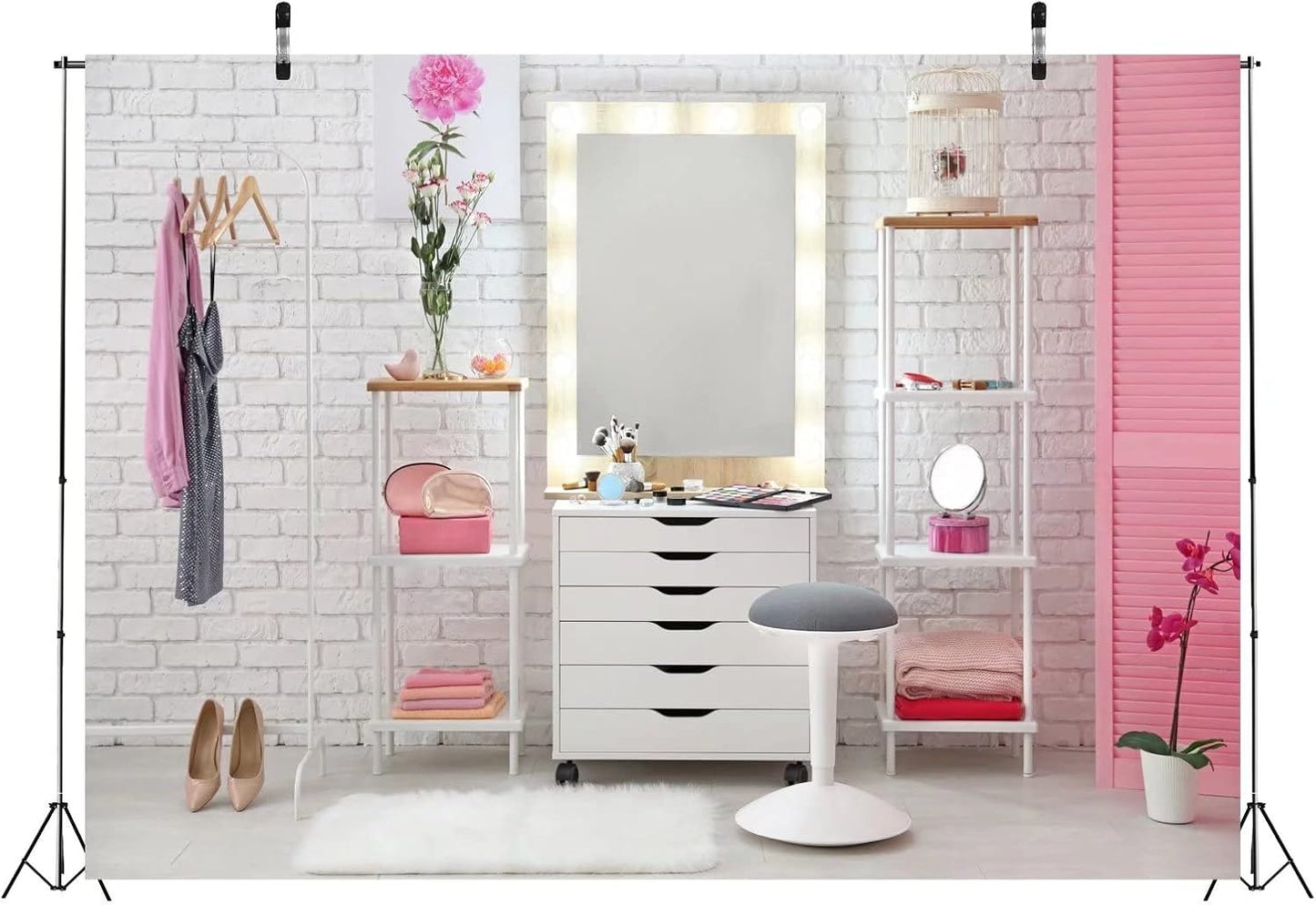 BELECO 7x5ft Fabric Pink Makeup Room Backdrop Makeup Backdrop for Photography Dressing Room Beauty Salon Dressing Table