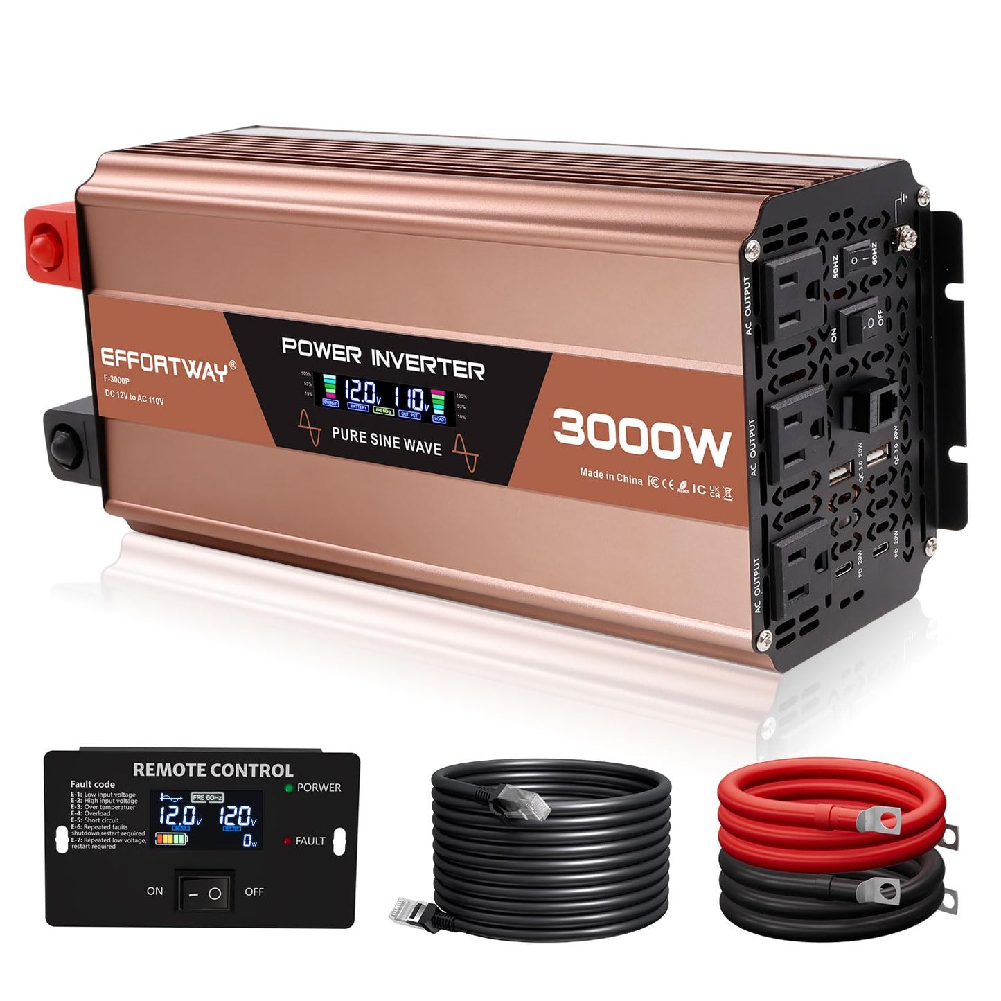 EFFORTWAY 3000W Pure Sine Wave Inverter, Inverter 12V DC to 110V/120V AC for RV, Outdoor, Home, Off-Grid, Inverter with 3 AC Outlet, Dual 20W USB-C, Dual 20W USB-A, Remote Controller
