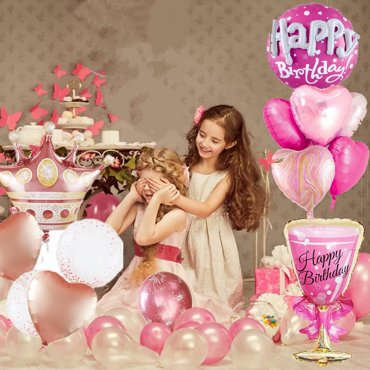 Rose Gold Crown Mylar Balloons - Large Round Pink Birthday Balloons Set for Women's Celebrations