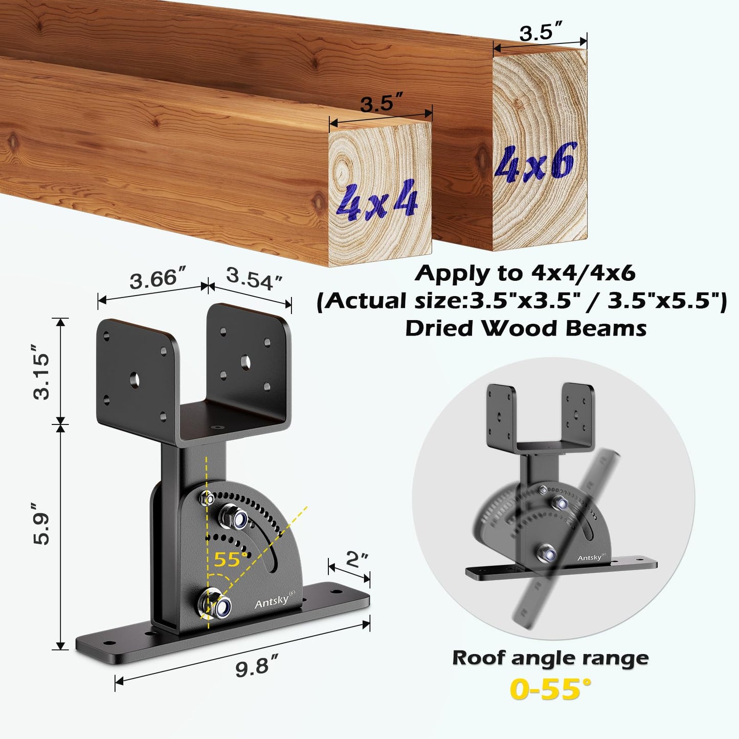 Roof Riser 4x4 (Actual Size:3.5"×3.5") Adjustable & Anchored Angle Saddle Patio Pergola Stainless Steel Roof Riser Patio Kit (3 Pack)(Patent Pending)