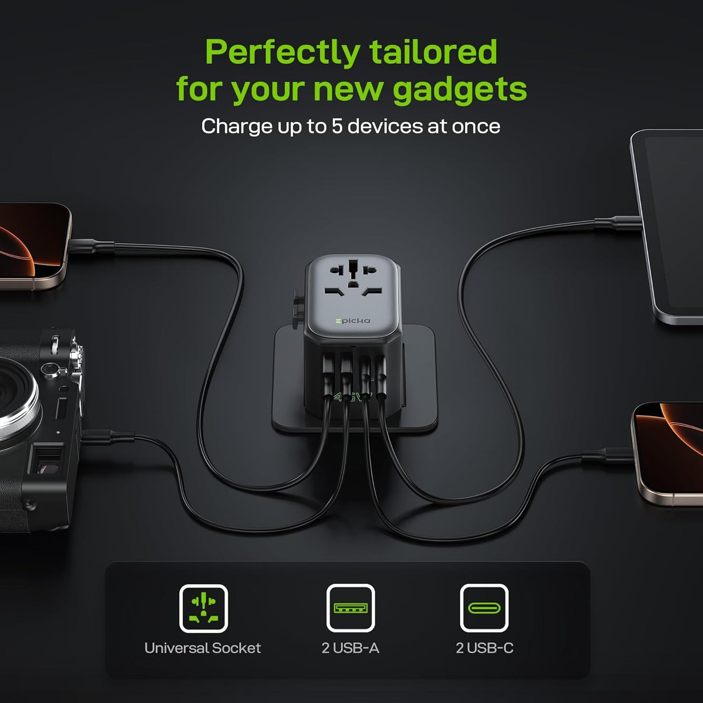 EPICKA 45W 5-Port (1 AC/2 USB-A/2 Pulse International Power Adapter, Universal Travel Adapter with PD Fast Charging