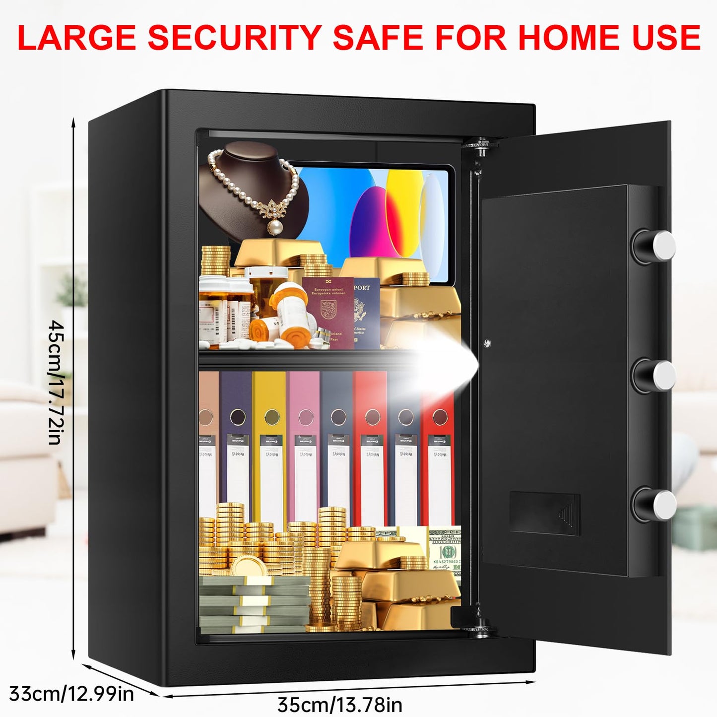 3.3 Cuft Large Home Safes Water and Fireproof, Anti-theft Floor Safe for Home Use with Programmable Keypad, Alarm System and Spare Keys, Digital Home Safe Box for Valuables, Medicine