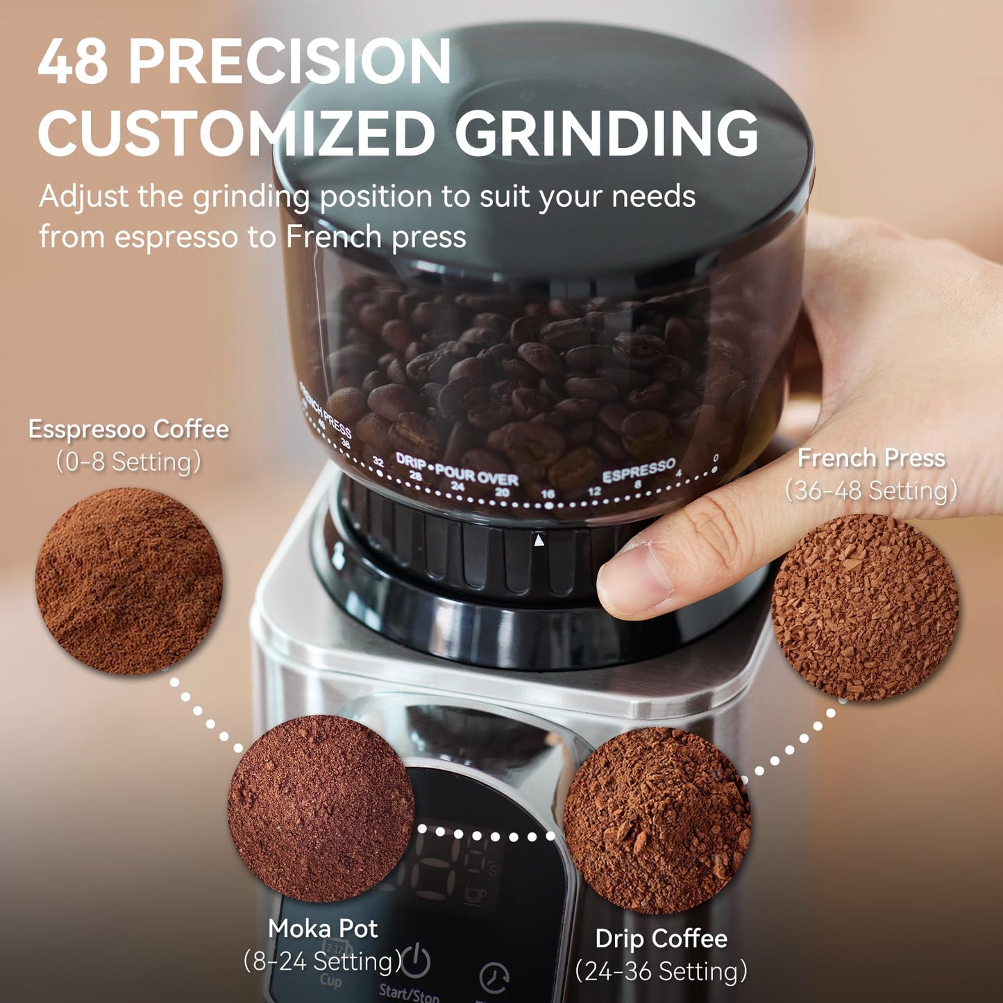 Olayks Conical Burr Coffee Grinder Electric with Electronic Timer, Anti-Static, Coffee Grinders for Home Use, Adjustable Conical Burr Mill with 48 Precise Settings for Espersso/Drip/French Press