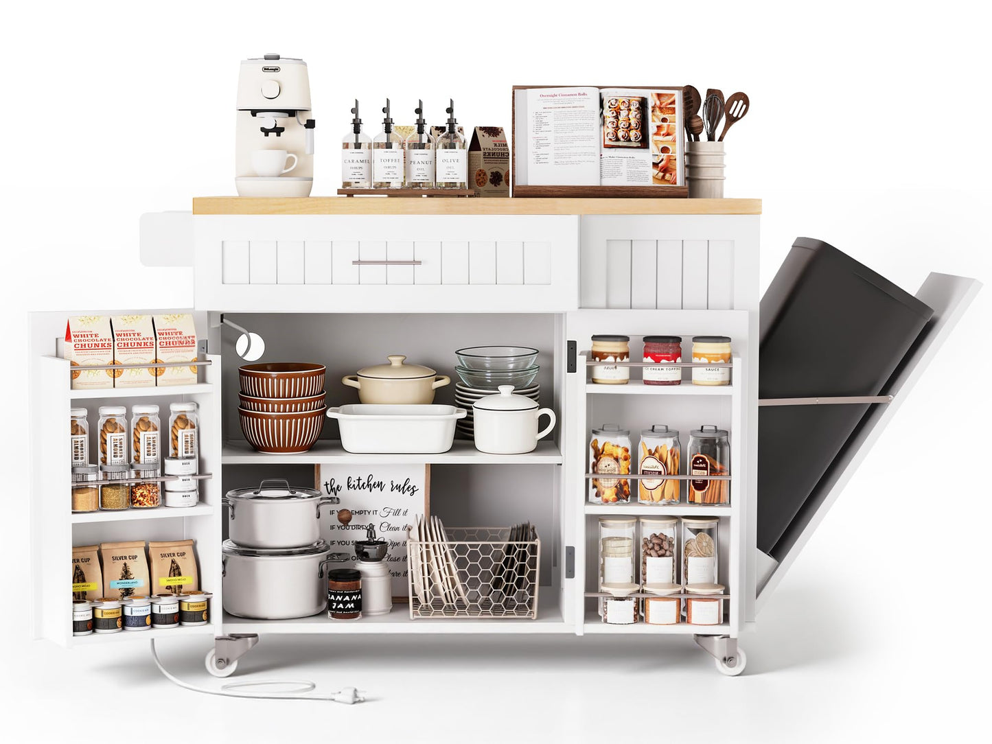 TEROL Kitchen Island with Outlet, Rolling Kitchen Cart Storage on Wheels with Drop Leaf, Trash Can Area, Spice Rack, Towel Bar, Adjustable Shelf, Drawer, Mobile Island Table for Kitchen