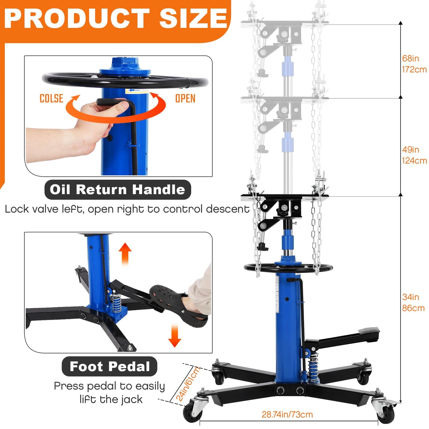 COZONY Transmission Jack, 1322lbs (3/5 Ton), 2-Stage Hydraulic Telescopic Design, Lifts 34"-68", with Foot Pedal & 360° Swivel Wheels, Ideal for Garage and Car Lifting, Blue