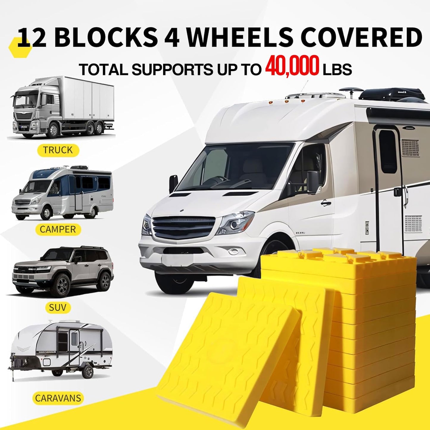 Keltrion 12 Pack Camper/RV Leveling Blocks Suitable for 4 Wheels Interlocking and Anti-Slip Design with Carrying Bag Heavy-Duty for Camper Travel Trailer Yellow