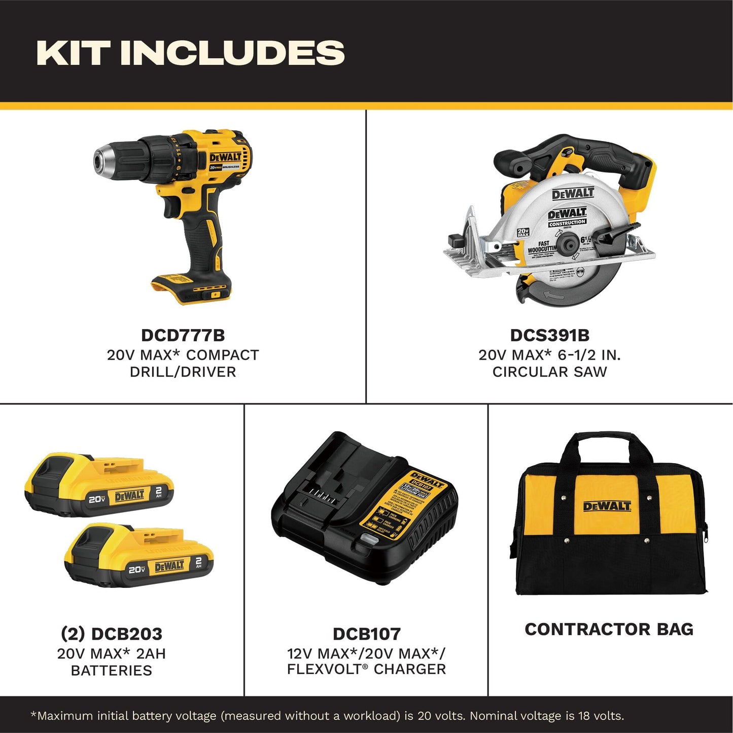 DEWALT 20V MAX Cordless Drill Driver and Circular Saw Combo Kit with 2 x 2 Ah Batteries and Charger, Contractor Bag (DCK252D2)