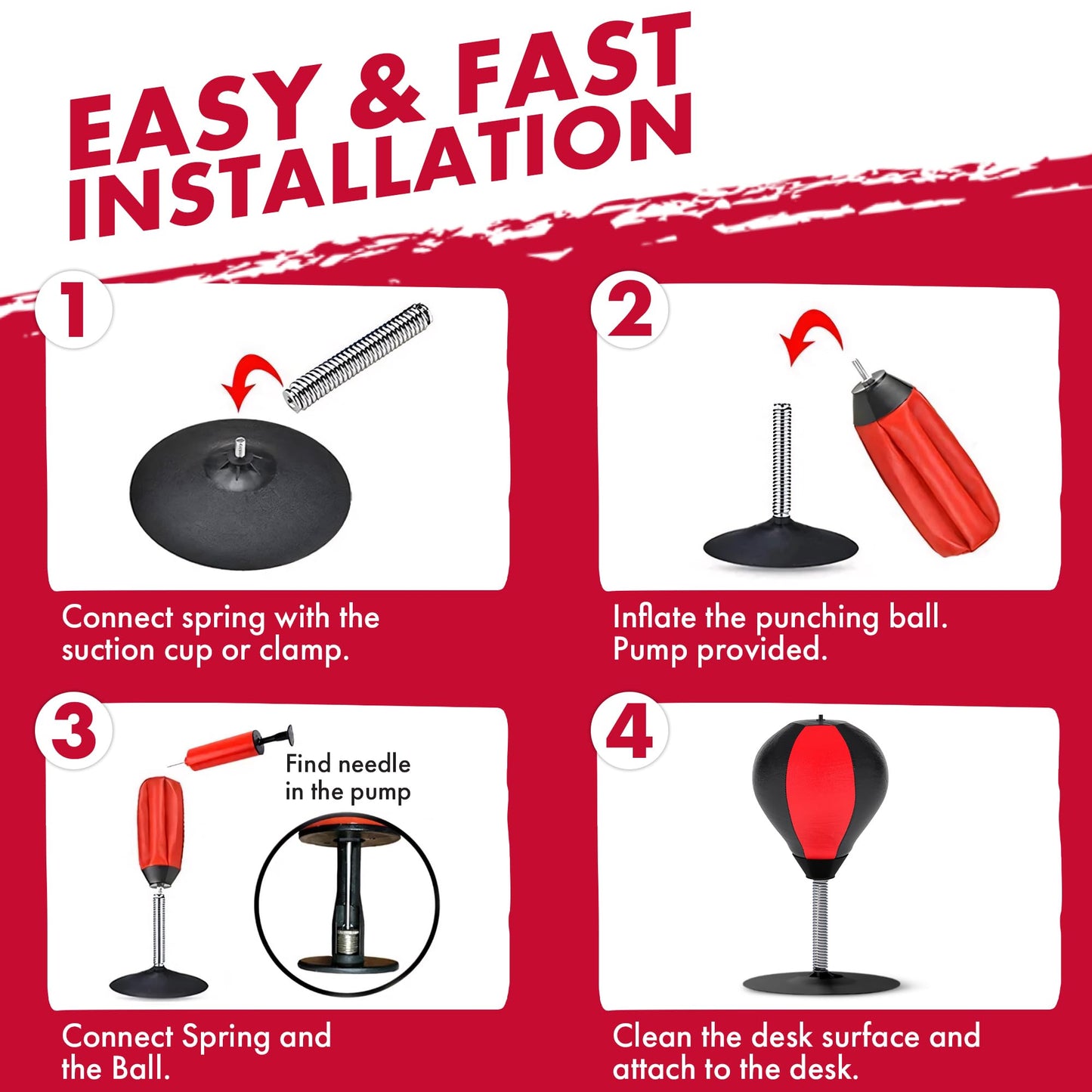 GLACIAL Stress Relief Desktop Punching Bag I Comes with Desk Clamp and Extra Strong Suction Cup I Black and Red