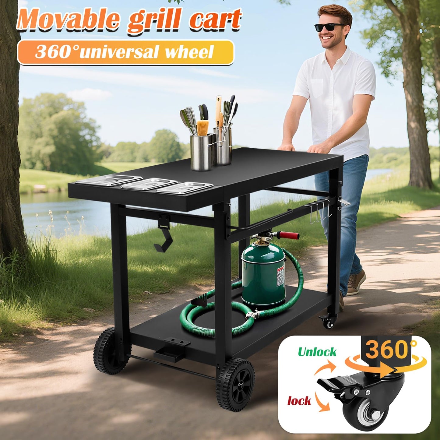 Wanchao Black Cast Iron 2-Shelf Grill Cart with Wheels,Heavy Duty Pizza Oven Stand for Blackstone Ninja,Outdoor Cooking Station with Durable Tabletop