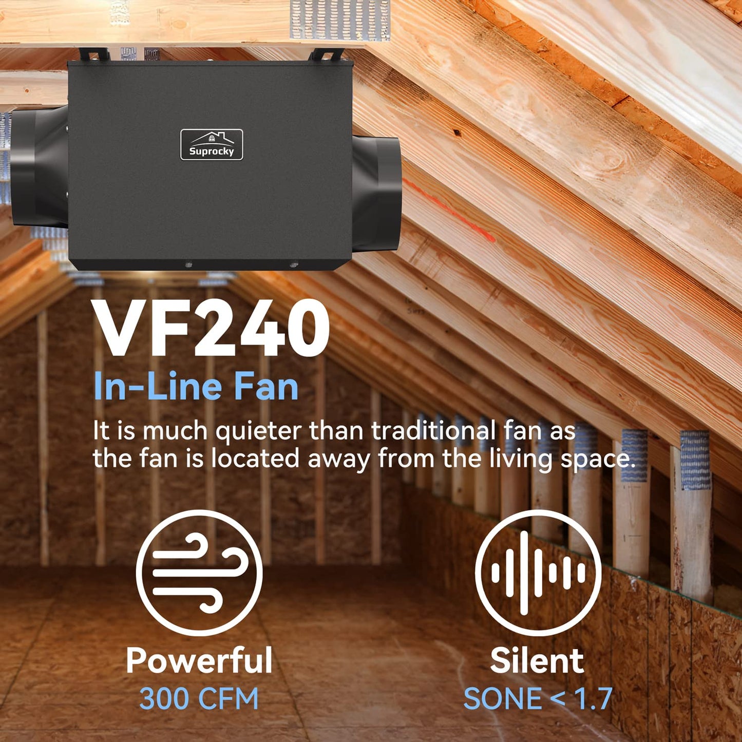 SUPROCKY Ultra Quiet Bathroom Exhaust Fan, Remote Mount In Line Fan, Exhaust Ventilation Fan for Bathroom, Kitchen, Garage and Residential Ventilation, Black, 300CFM