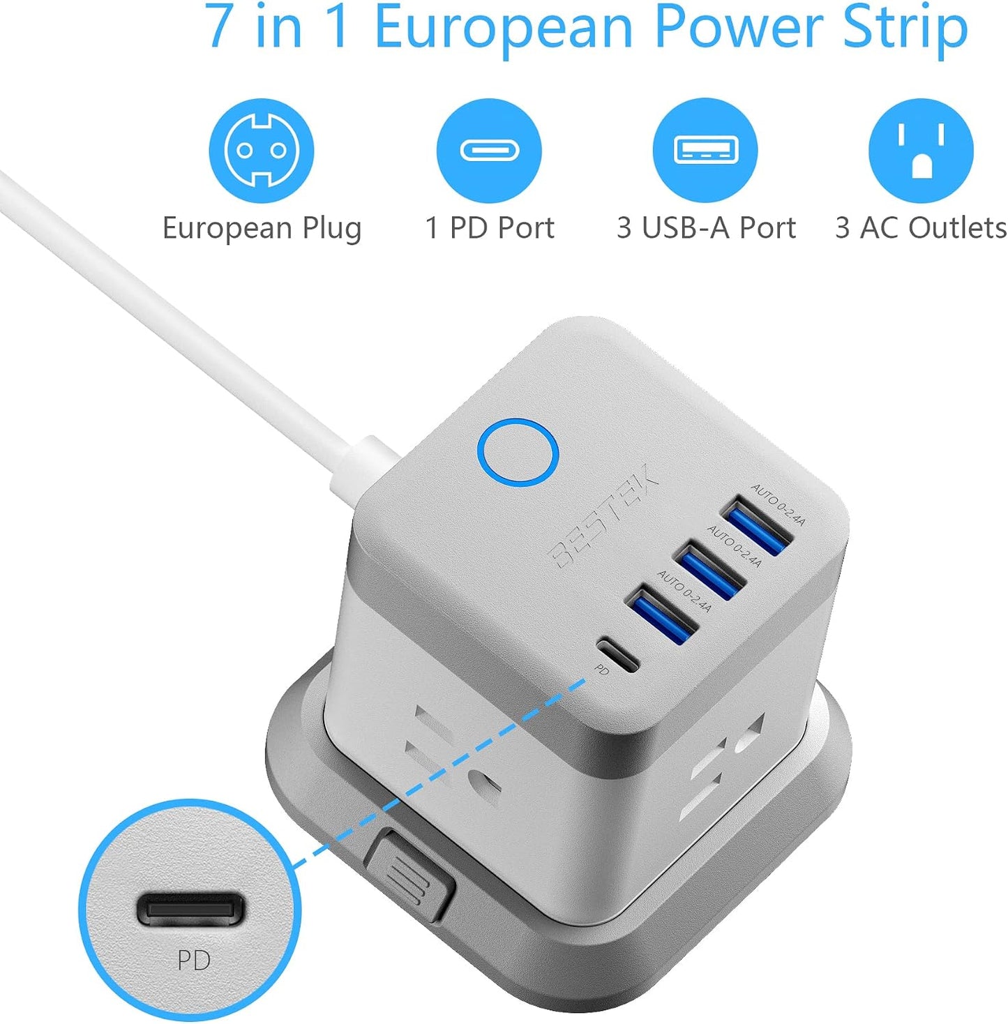 BESTEK 20W 3 3 5ft European Travel Plug Adapter, Power Strip with USB C PD and USB Ports, Side Wide Outlet Extender, EU