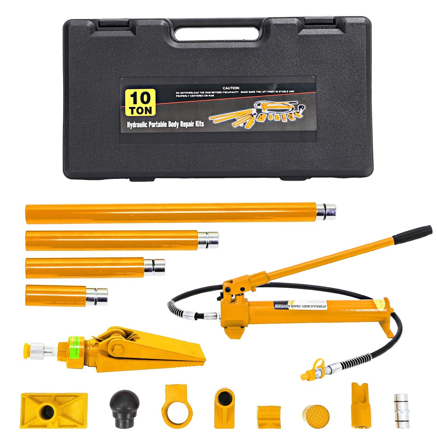 12 Ton Porta Power Hydraulic Jack Kit, Multifunction Auto Body Frame Repair Tool Set with 4.6 ft Oil Hose, Heavy-Duty Ram Spreader Attachments, Blow-Molded Storage Case for Car/Truck/Garage, Yellow