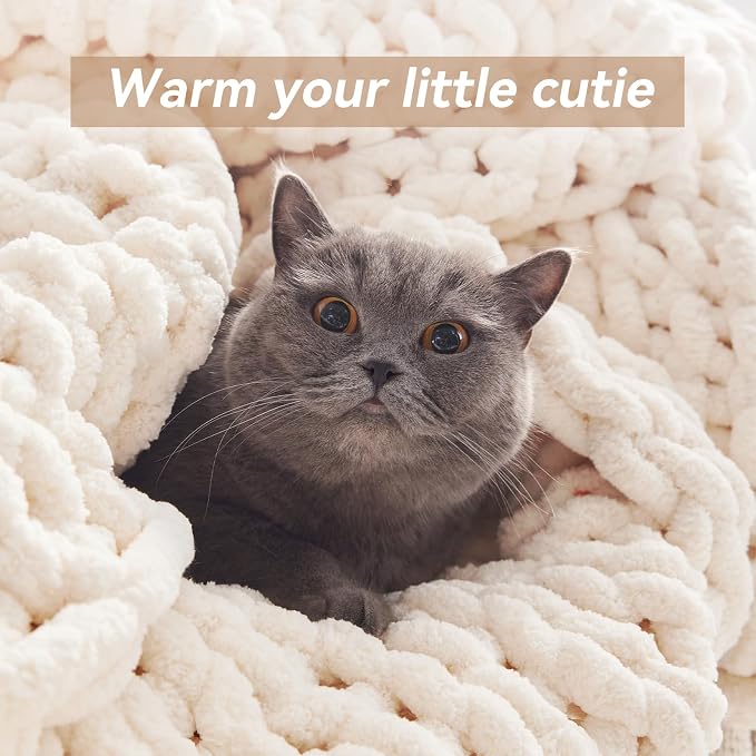 Negwoo Chunky Knit Throw Blanket, 80''*90'' Knitted Throw Chenille Yarn for Bed Couch, Handmade Cream Crochet Big Thick Blanket, Machine Washable Cute Comfy Blanket for Home Decor
